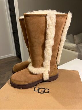 UGG sunburst tall tan suede and cream warm shearling fur high long boots 7